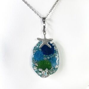 Handmade Ocean Resin Pendant Necklace w/ Starfish Charm | Blue Green Jewelry